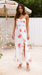 Nylah Midi Dress - White/Red Floral