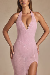 Ianthe-Embellished Halterneck Corset Gown in Lavender Pink