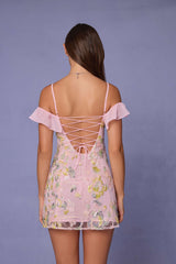 Jacira-Embellished Lace-Up A-Line Mini Dress in Soft Pink
