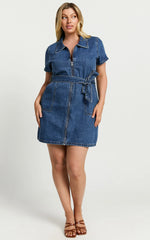 Nandini Mini Dress - Hardware Zip Through Denim Dress in Blue