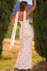 Imogene-Scarf-Detail Strapless Gown in Large Rose Print