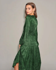 Green Jacquard Lantern Sleeve Midi Dress