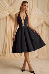 Angelina-Halterneck Bow-Detail Midi Dress in Black