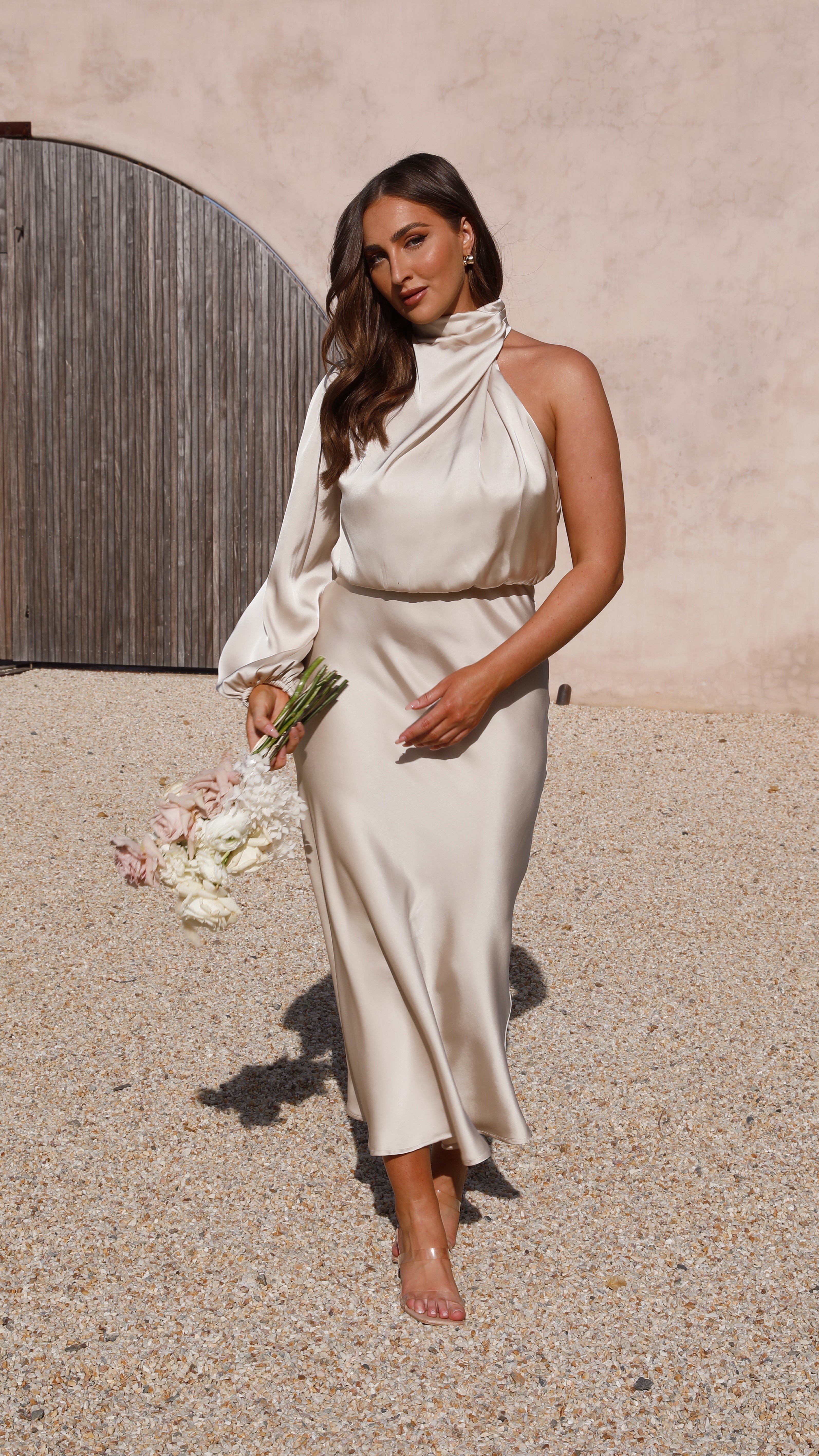 Esther One Shoulder Long Sleeve Dress - Champagne