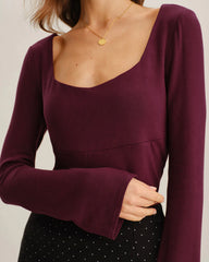 WIne Red V Neck Bell Sleeve Knit Tee