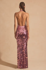 Nolira-Sequin-Embellished Halterneck Maxi Dress in Pink