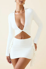 Lucinda-Ruched Cut-Out Mini Shirt Dress in Vanilla
