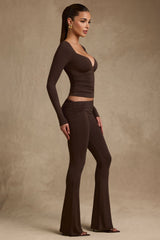 Kalei-Modal Asymmetric-Waist Flared Trousers in Chocolate Brown