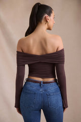 Pavni-Modal-Cashmere Blend Off-Shoulder Ruched Top in Espresso