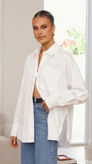 Charla Button Up Poplin Top - White