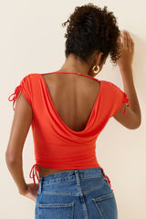 Kaede-Asymmetric Ruched Cowl-Back Crop Top in Scarlet