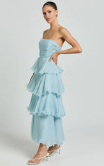 Jaiden Midi Dress - Strappless Layered Dress in Blue