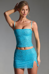 Inina-Embellished Mid-Rise Micro Mini Skirt in Aqua Blue