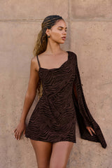 Angelie-Devoré One-Sleeve A-Line Mini Dress in Dark Chocolate