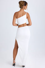 Ishaana-Ruched Asymmetric-Waist Maxi Skirt in White