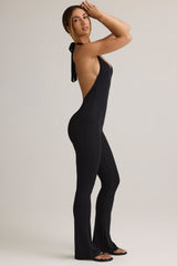 Penny-Modal Ribbed Backless Halterneck Jumpsuit in Black