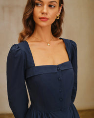 Navy Square Neck A-Line Midi Dress