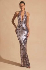 Nolira-Sequin-Embellished Halterneck Maxi Dress in Silver