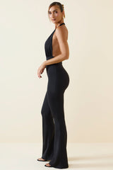 Zenaida-Halterneck Cut-Out Flared Jumpsuit in Black