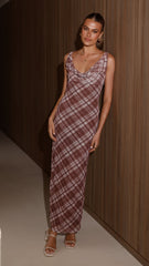 Harena Off Shoulder Maxi Dress - Brown Plaid Print