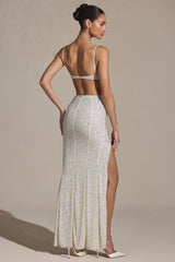 Lucienne-Embellished Cut-Out Fishtail Maxi Dress in White
