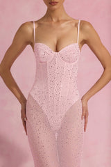 Alara-Semi-Sheer Embellished Corset Gown in Pink