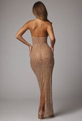 Soraya-Sheer Embellished High Neck Evening Gown in Almond