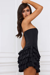 Juliet-Bandeau Ruffled Tiered Corset Mini Dress in Black