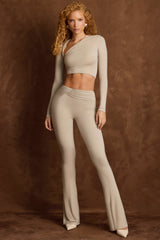 Mairead-Asymmetric Draped Mid-Rise Flared Trousers in Taupe