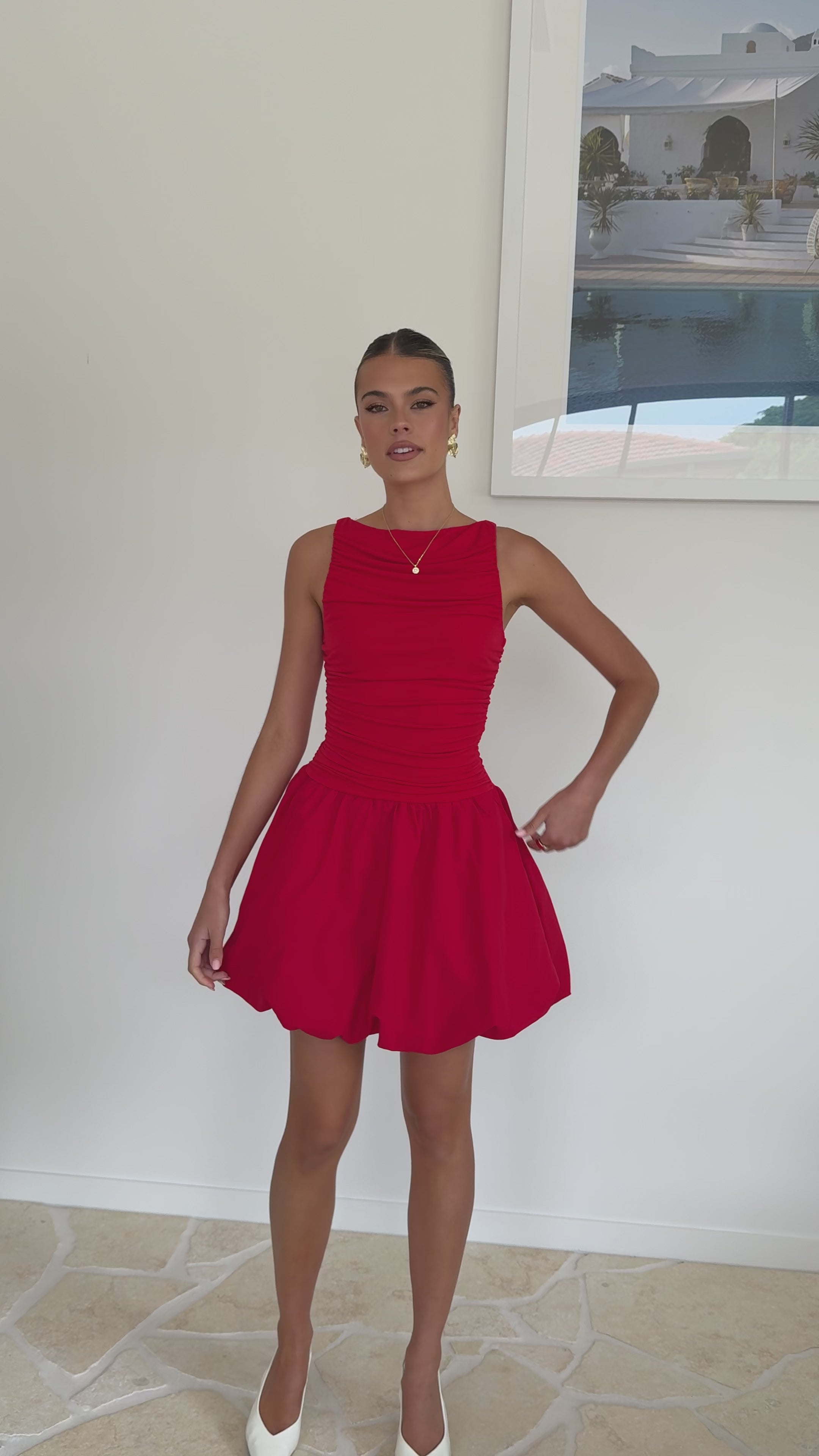 Meera Boat Neck Mini Dress - Red