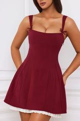 Cressida-Bow-Detail Pleated A-Line Mini Dress in Berry Red