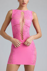 Gracie-Embellished Lace-Up High-Neck Top in Bubblegum Pink