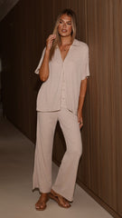 Madian Button Up Shirt and Pants Set - Taupe