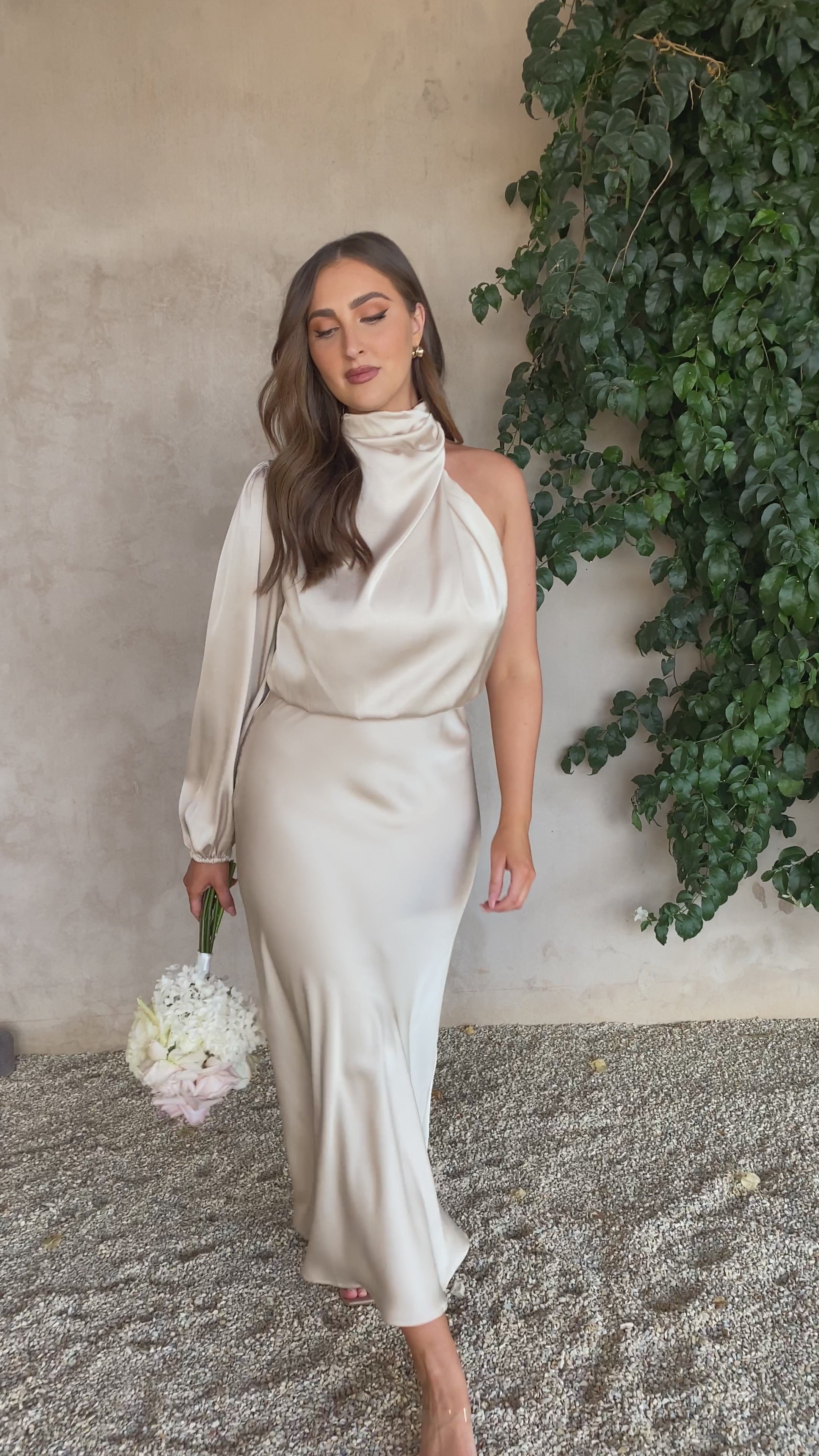 Esther One Shoulder Long Sleeve Dress - Champagne