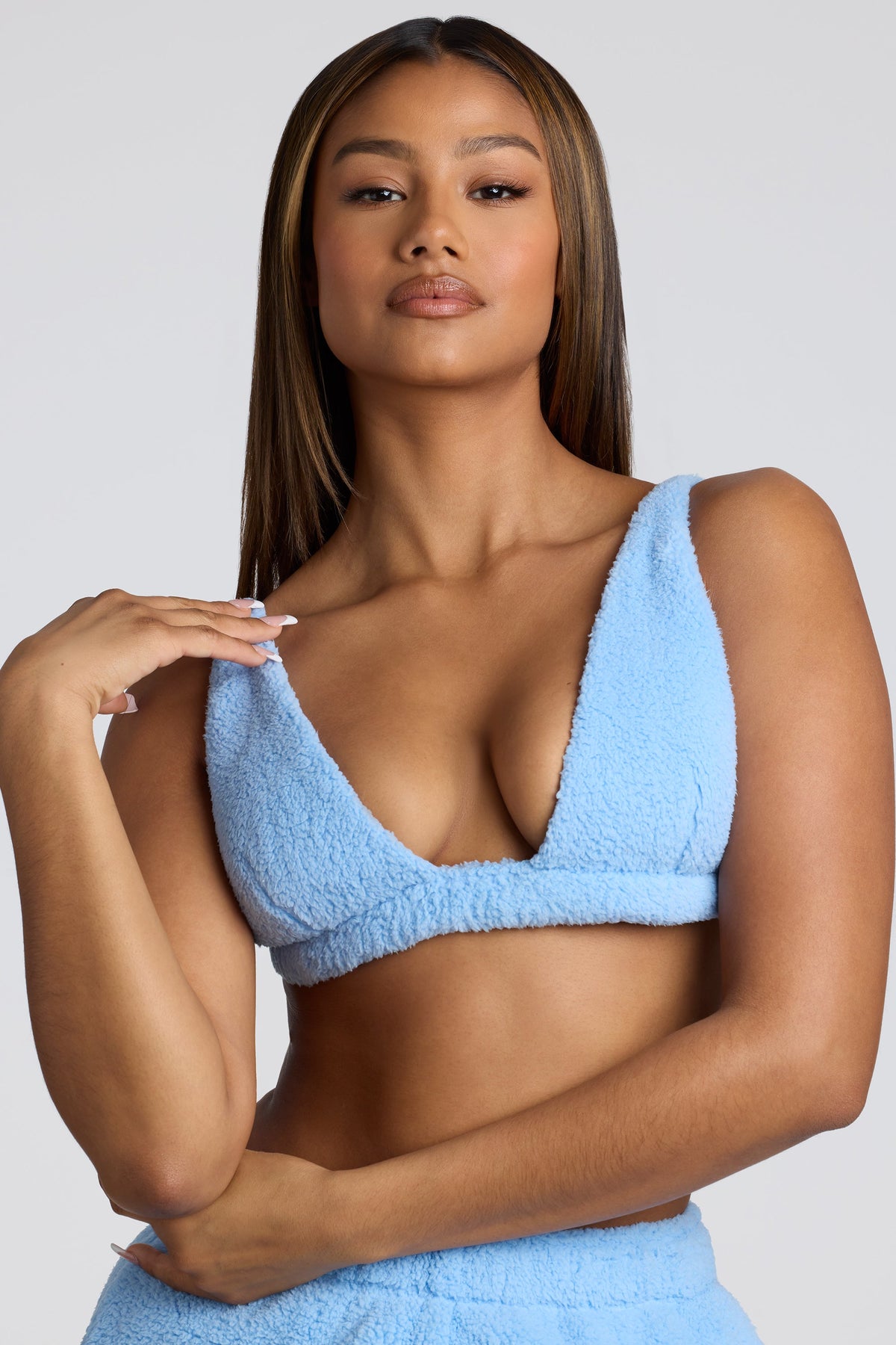 Loungewear-V Neck Fleece Bralette in Baby Blue
