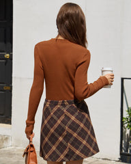 Caramel Mock Neck Ribbed Knit Tee