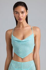 Skye-Embellished Cowl-Neck Crop Top in Ice Blue