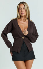 Makayla Cardigan - Long Sleeve Deep V Hardware Button Cardigan in Chocolate