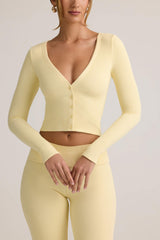 Kiva-Modal Ribbed Cropped Cardigan in ButterCream Yellow