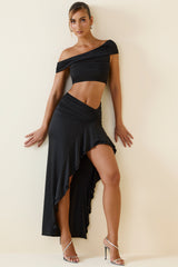 Inga-Asymmetric Ruched Off-Shoulder Crop Top in Black