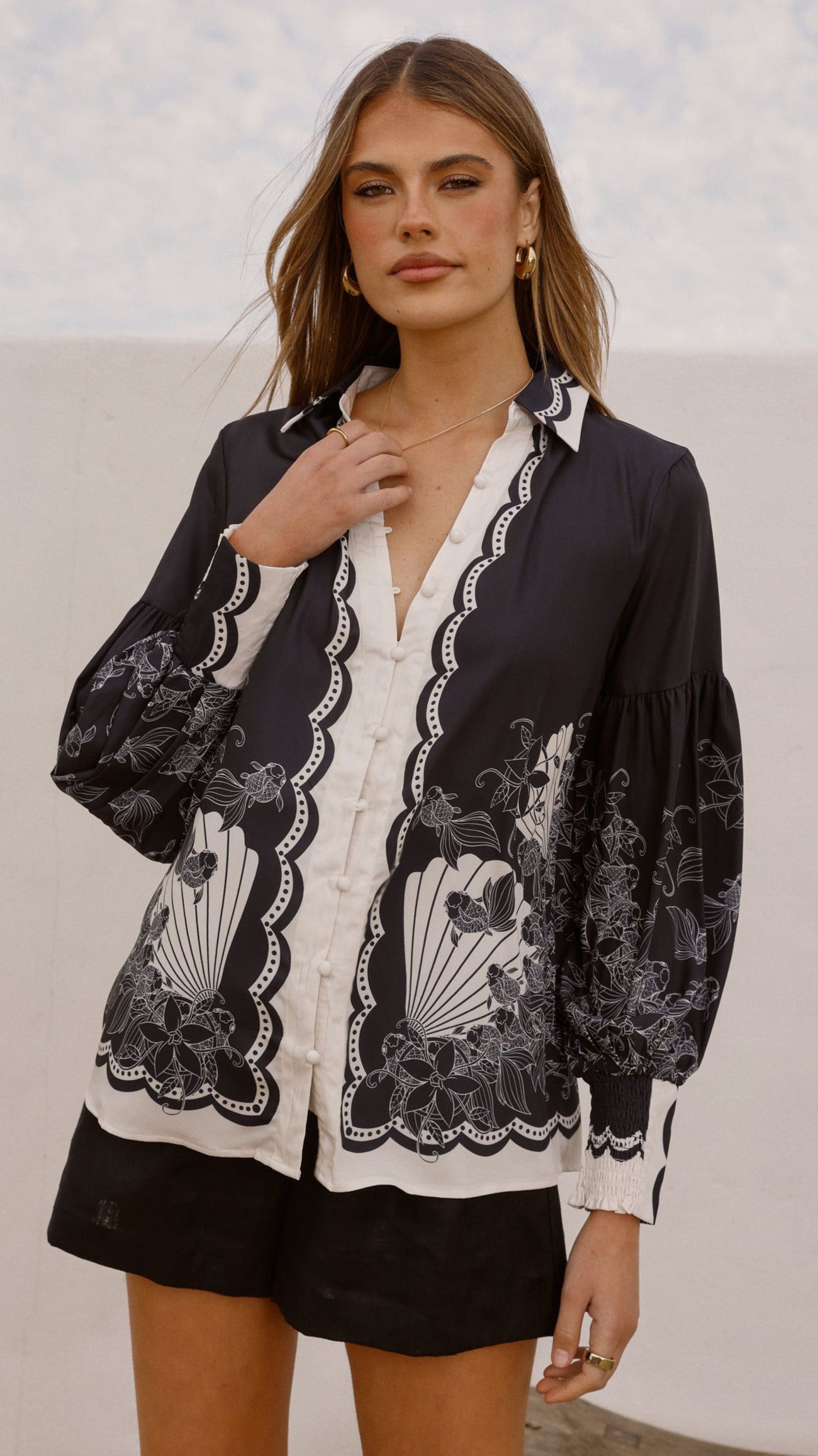 Dakota Long Sleeve Blouse - Cream/Black