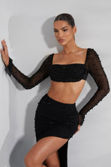 La Désirade-Embellished Cowl Neck Crop Top in Black