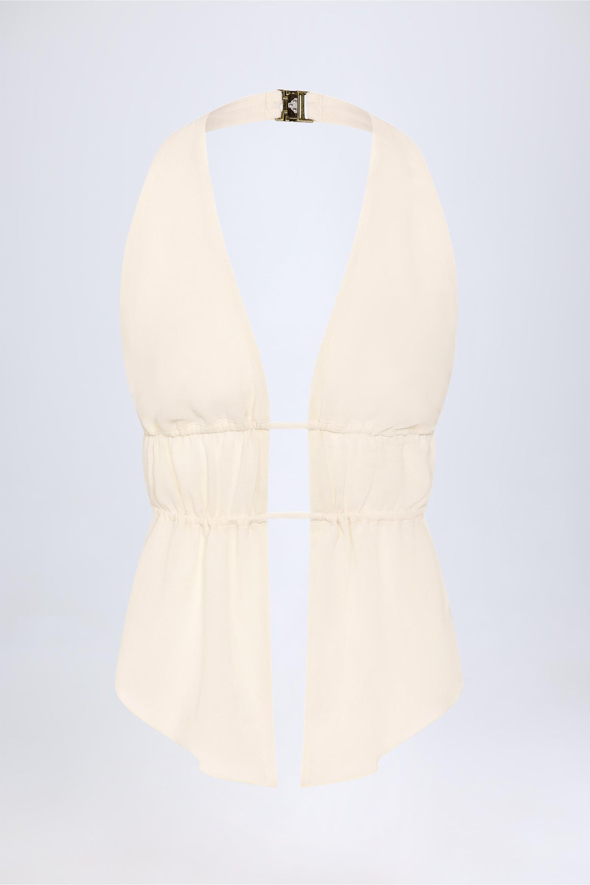 Larisa-Cut-Out Semi-Sheer Ruched Halterneck Crop Top in Ivory