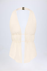 Larisa-Cut-Out Semi-Sheer Ruched Halterneck Crop Top in Ivory