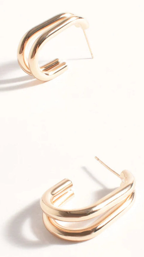 Double Curved Front Stud Earrings - Gold