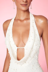Versailles-Deep Plunge Embellished Mini Dress in White