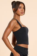 Laurel-Brushed Twill Square Neck Tailored Top in Black