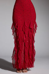 Anley-Embellished Halter Neck Ruffle Maxi Dress in Red