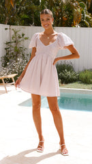 Sahirah Mini Dress - Beige / White Gingham