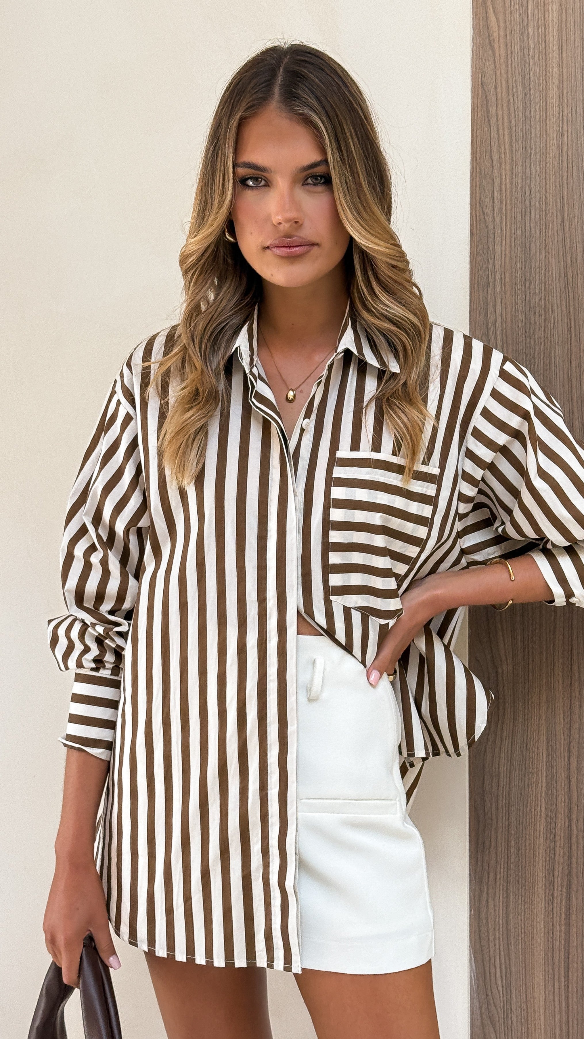 Zoah Long Sleeve Button Up Shirt - Choc/Champagne Stripe